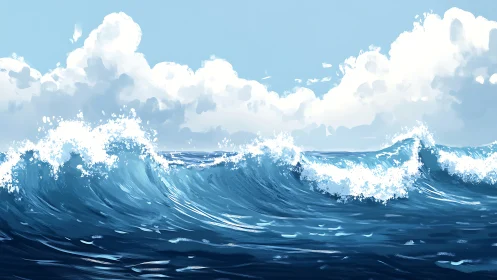 Ocean waves crest beneath cumulus clouds in digital seascape