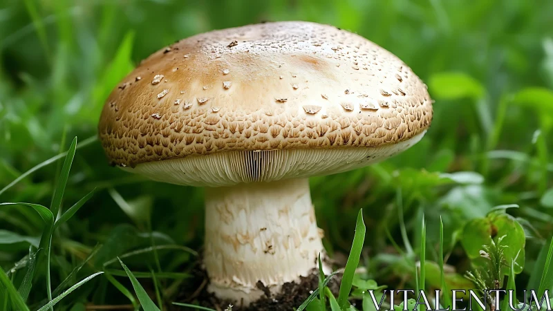 Single brown mushroom growing in green grassy habitat.