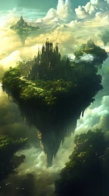 Floating Castle in the Clouds Above Lush Forest.