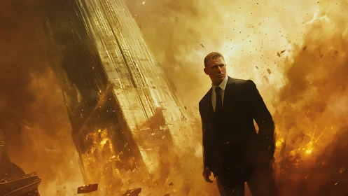 Man in suit stands amid towering building explosion.