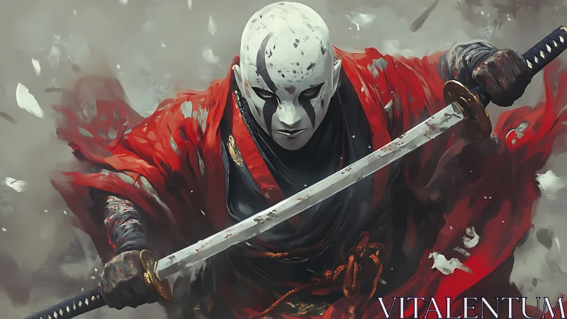 Masked dual-wield samurai in dynamic mid-charge perspective