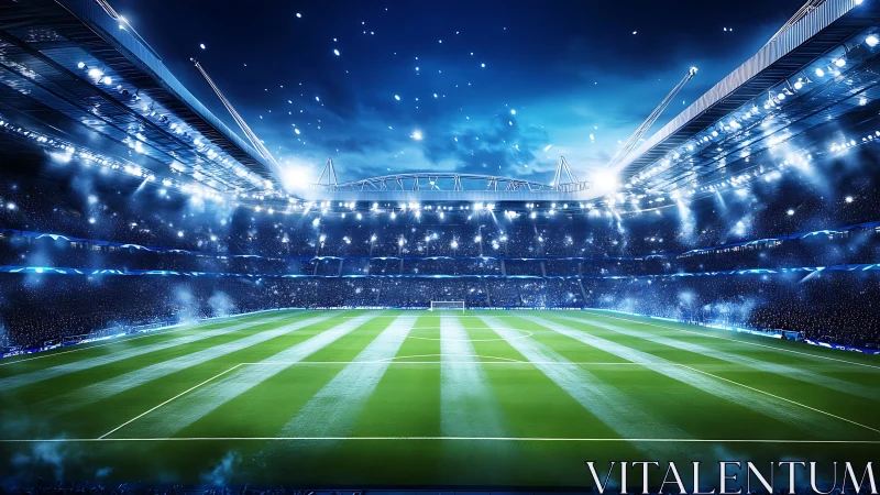 Floodlit football coliseum glowing under electric night sky.