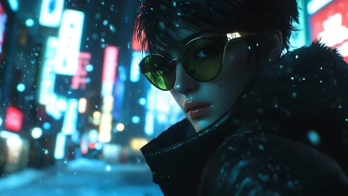 Neon snowdrifts crown a midnight wanderer in mirrored green