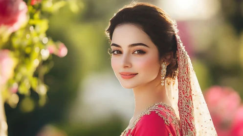 Bridal portrait in golden hour bokeh with embroidered dupatta