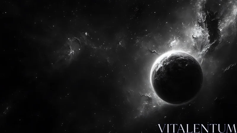 Dark planet drifts through monochrome nebula light