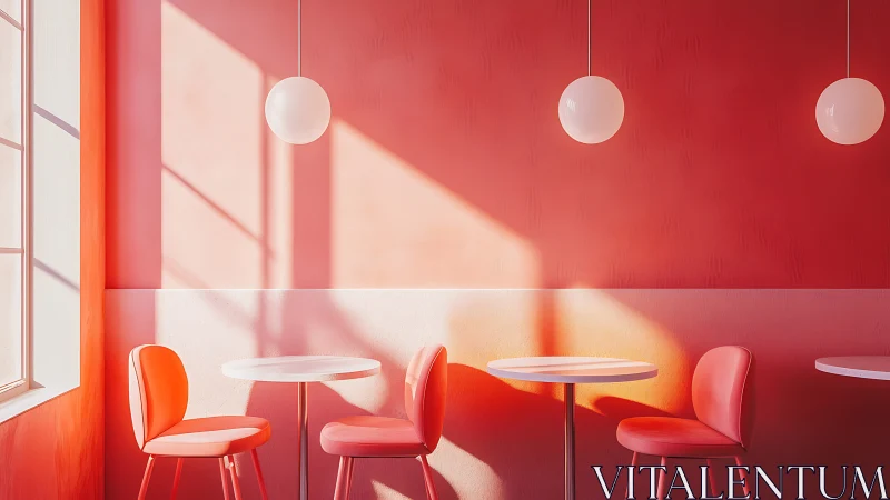 Sunlit coral caf&eacute; corner with soft modern minimal charm.