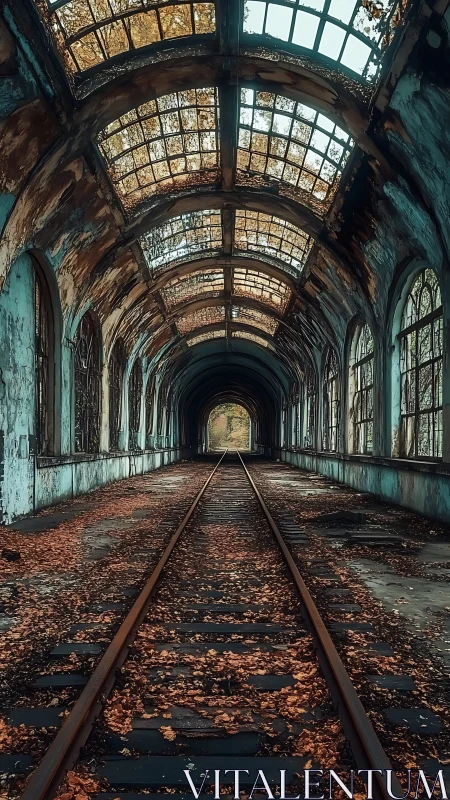 Abandoned covered railway tunnel with rusted arched roof.