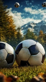 Soccer balls rest on alpine field under crisp autumn sky.