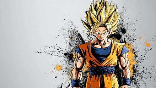 Supercharged warrior ignites amid splattered cosmic energy.