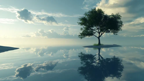 Solitary tree reflects on tranquil glasslike water horizon.