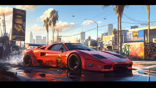 Red street racer cuts through wet urban graffiti district