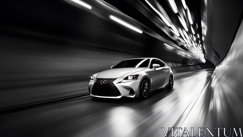 Silver coupe speeding through illuminated tunnel at night.