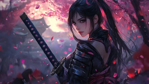 Cherry blossom ronin girl guarding twilight temple paths.