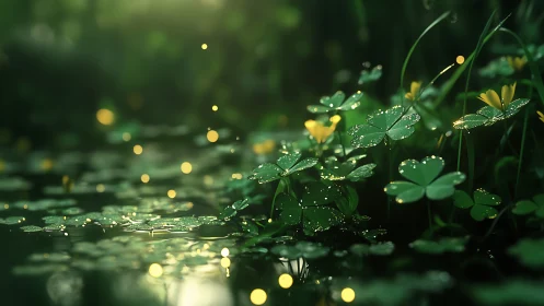 Gentle forest pond where clovers and fireflies share secrets.