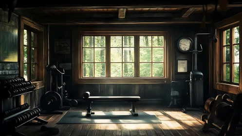 Wooden home gym interior with central weight bench.