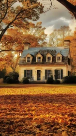 Charming colonial house rests quietly amid golden autumn trees