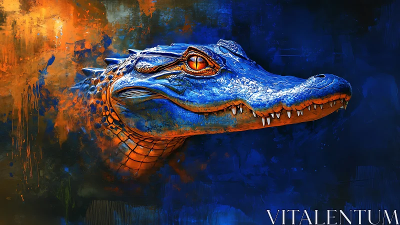 Vivid blue crocodile head against bold orange blue backdrop.