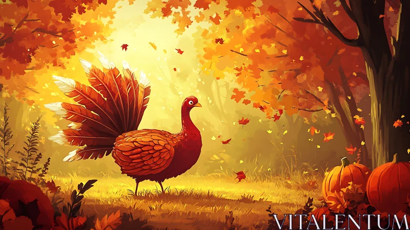 Turkey stands in sunlit autumn forest with pumpkins visible