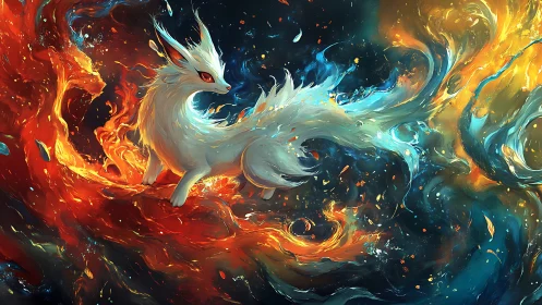 Gentle elemental fox wandering through swirling cosmic fire.