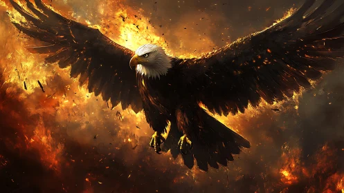 Majestic Bald Eagle Soaring Through Fiery Skies in Dramatic Art.