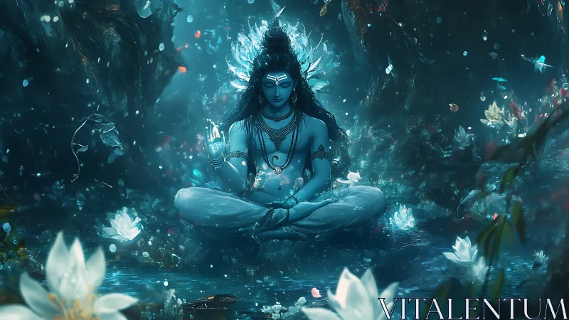 Serene blue figure in lotus pose amid glowing forest pool.