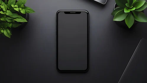Blank Smartphone Against Dark Minimalist Workspace.