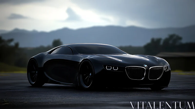 Sleek black sports coupe on wet runway at dusk.