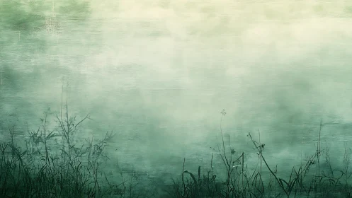Foggy green field background with sparse grass silhouettes.