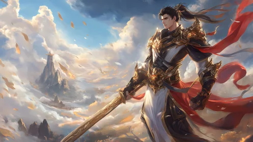 Heavenly mountaintop swordsman in ornate golden armor