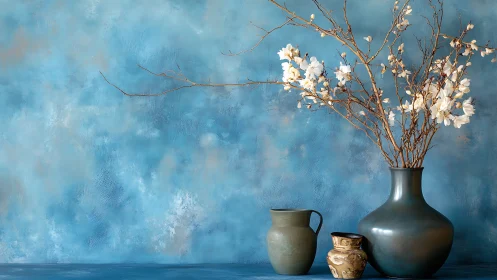 Ceramic vases and flowering branches against textured blue wall