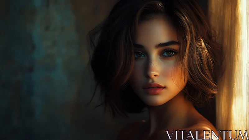 Cinematic close portrait of freckled woman in rim lighting