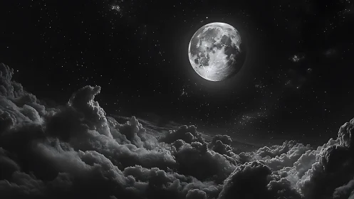 High-contrast monochrome moon above cumulonimbus cloud field