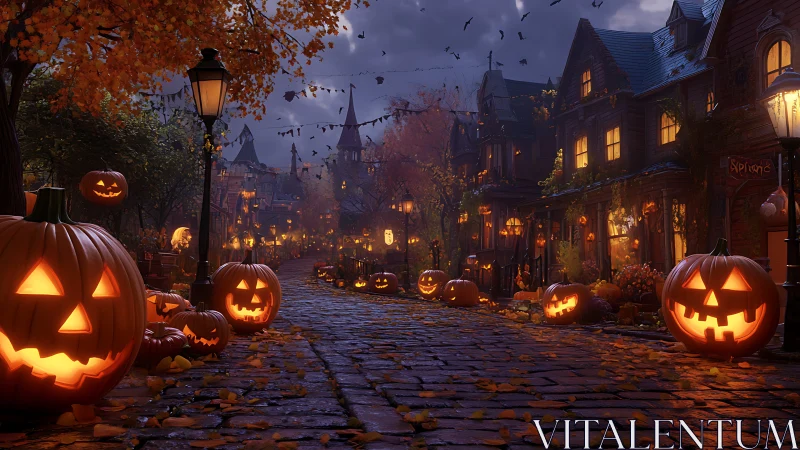 Jack-o-lanterns illuminate cobblestone street on Halloween night
