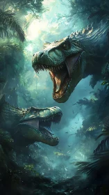 Predatory theropods engage in a vertical jungle confrontation scene
