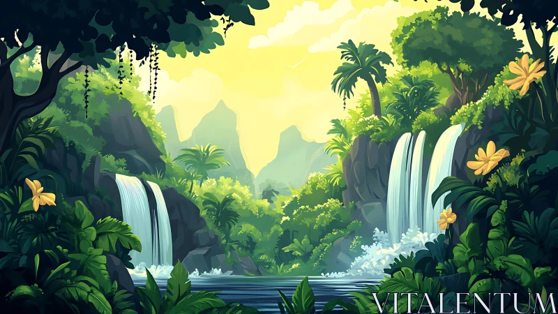 Tropical Rainforest Waterfall Landscape with Lush Vegetation