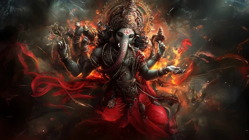 Elephant-headed deity figure in ornate fiery environment.