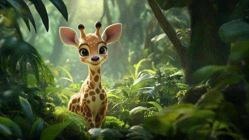 Digital painting of baby giraffe in luminous jungle clearing.