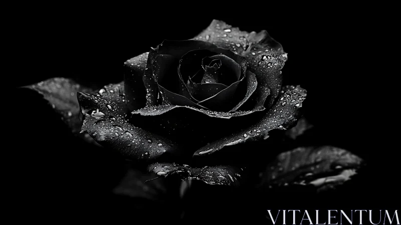 Black rose in close-up view with water droplets in focus