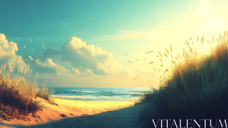 Sunlit beach path opening onto a peaceful glowing sea.