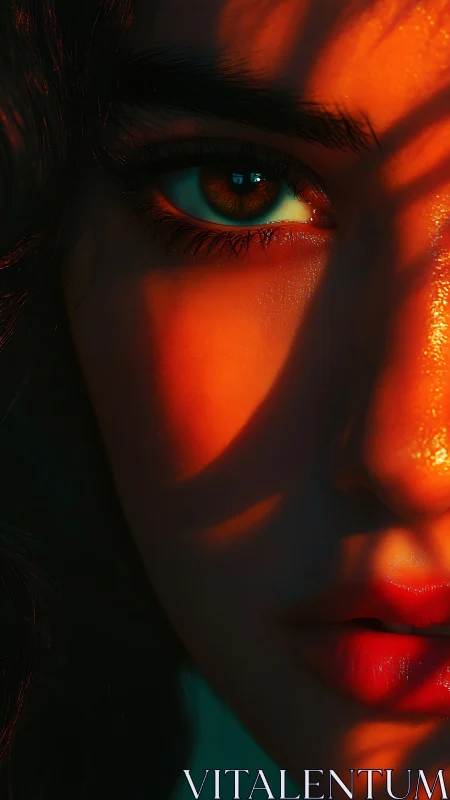 Sunlit gaze wrapped in shadow and softly glowing warmth.