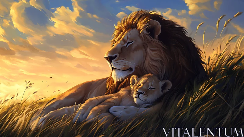 Luminous Lion and Cub in Golden Savanna Grassland at Sunset
