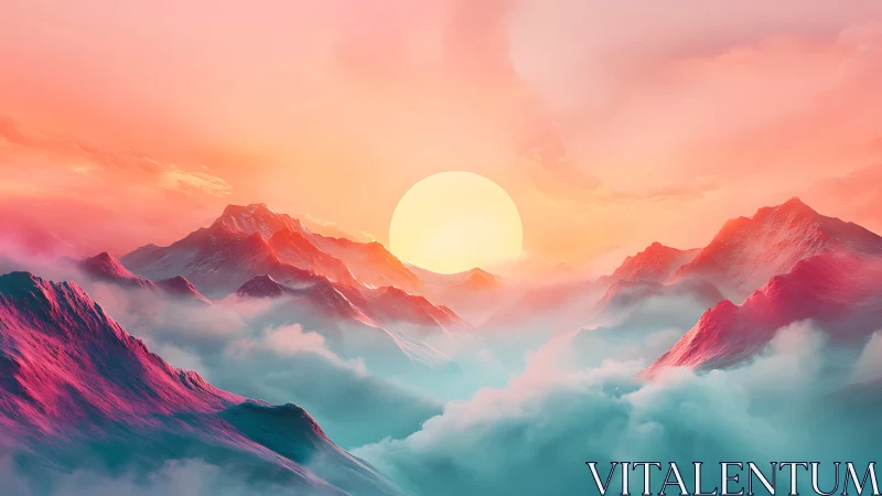 Digital painting of neon alpine sunrise over cloud valleys.