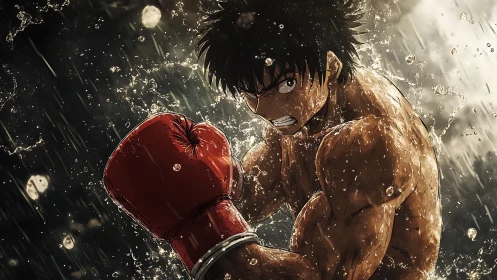 Storm-soaked anime boxer clenches a powerful, determined punch