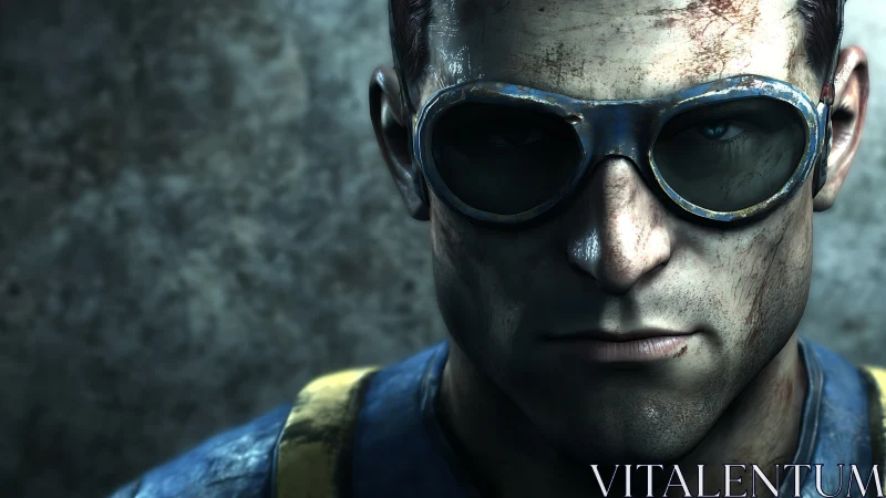 Grim vault wanderer in scratched goggles, close portrait.