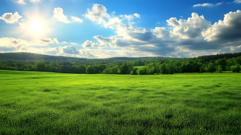Sunlit green meadow stretches toward distant forest line