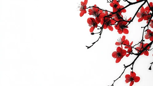Red Blossom Branches Against White Background.