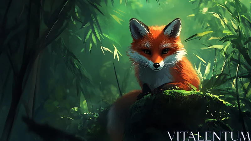 Backlit red fox rendered in high-detail digital forest lighting