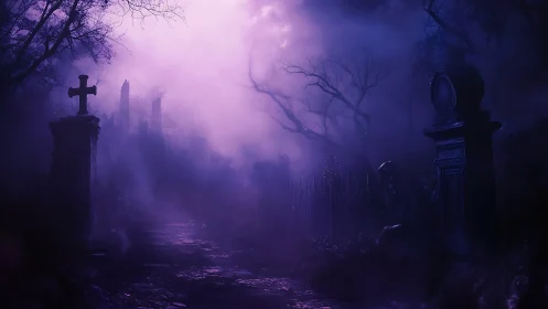 Mist obscures an old graveyard path with silhouetted monuments