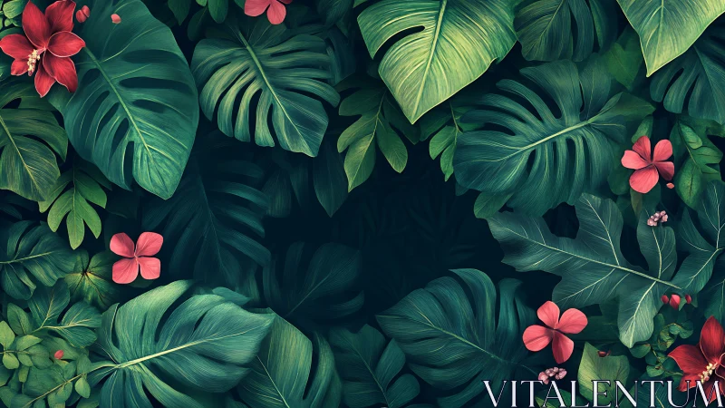 Tropical monstera foliage with hibiscus blooms, centered void