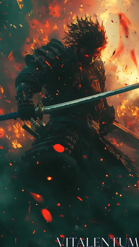 Armored swordsman stands amid dense flames and rising embers